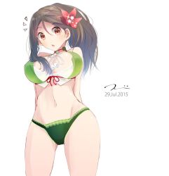 Rule 34 | 10s, 1girl, 2015, :o, ^^^, adapted costume, amagi (kancolle), arms behind back, bare shoulders, breasts, brown eyes, brown hair, cleavage cutout, clothing cutout, cowboy shot, crop top, dated, female focus, flower, from below, green panties, hair between eyes, hair flower, hair ornament, kantai collection, large breasts, long hair, looking at viewer, midriff, navel, open mouth, panties, ponytail, signature, simple background, solo, sparkle, standing, tebi (tbd11), thick thighs, thigh gap, thighs, underwear, white background