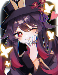 Rule 34 | 1girl, ;p, black coat, black hat, blush, bug, butterfly, coat, flower, flower-shaped pupils, genshin impact, glowing butterfly, hair between eyes, hand up, hat, hat flower, heart, highres, hu tao (genshin impact), insect, jewelry, long hair, long sleeves, looking at viewer, one eye closed, red eyes, ring, san (sanmi0613), solo, symbol-shaped pupils, tongue, tongue out, twintails, upper body