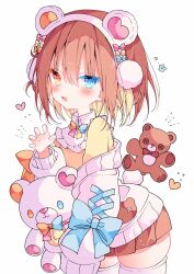 Rule 34 | 1girl, :d, blue eyes, brown hair, character request, child, claw pose, hairband, heterochromia, highres, indie virtual youtuber, open mouth, orange eyes, smile, stuffed animal, stuffed toy, suisei 1121, teddy bear, thighhighs, virtual youtuber, white thighhighs