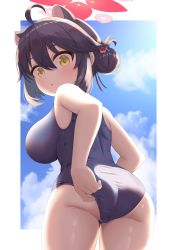 Rule 34 | 1girl, :&lt;, adjusting clothes, adjusting swimsuit, ahoge, animal ears, ass, blue archive, blush, breasts, brown hair, cloud, cloudy sky, hair bun, halo, highres, kaede (blue archive), large breasts, looking back, oppai loli, school swimsuit, short hair, single hair bun, sky, solo, sonao, swimsuit, thighs, yellow eyes