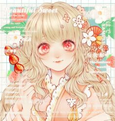 Rule 34 | 1girl, artist request, blonde hair, bright pupils, chinese text, closed mouth, double bun, english text, eyelashes, fan hair ornament, flower, flower brooch, food, food request, freckles, frilled kimono, frills, fruit, grid background, hair bun, hair flower, hair ornament, holding, holding food, japanese clothes, kimono, light blush, lipstick, long hair, long sleeves, makeup, mixed-language text, original, pink eyes, pink flower, pink kimono, pink sleeves, red lips, ribbon, sample watermark, simple background, smile, solo, source request, sparkling eyes, straight-on, strawberry, third-party source, upper body, watermark, wavy hair, white background, white flower, white pupils, yellow ribbon