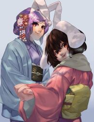 Rule 34 | 2girls, absurdres, alternate costume, alternate hairstyle, animal ears, black sash, blue coat, breath, brown eyes, brown hair, closed mouth, coat, commentary request, cowboy shot, flower, grey background, hair between eyes, hair flower, hair ornament, haori, highres, inaba tewi, japanese clothes, kimono, long bangs, looking at viewer, multiple girls, nio (meple nio), obi, open mouth, pink coat, pink nails, purple kimono, rabbit ears, rabbit girl, red flower, reisen udongein inaba, sash, short hair, simple background, smile, touhou