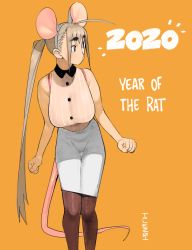 Rule 34 | 1girl, 2020, ahoge, animal ears, bra, bra strap, breasts, brown hair, brown pantyhose, chinese zodiac, clenched hands, conto, english text, fingernails, hanako (conto), huge ahoge, large breasts, legs together, long hair, long skirt, long tail, looking to the side, mouse ears, mouse girl, mouse tail, nengajou, new year, orange background, original, pantyhose, pencil skirt, pink bra, ponytail, skirt, sleeveless, solo, standing, tail, thick eyebrows, underwear, very long hair, white skirt, year of the rat