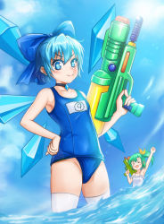 Rule 34 | &gt; &lt;, 2girls, blue bow, blue eyes, blue hair, blue sky, blue one-piece swimsuit, blush, bow, choker, circled 9, cirno, daiyousei, day, eyebrows, closed eyes, flat chest, green hair, hair bow, highres, ice, ice crystal, ice wings, lens flare, multiple girls, naojiang tangyuan, ocean, one-piece swimsuit, school swimsuit, side ponytail, sky, smile, solo focus, super soaker, swimsuit, symbol-shaped pupils, thighhighs, touhou, v-shaped eyebrows, wading, white legwear, white one-piece swimsuit, wings