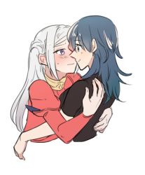 Rule 34 | 2girls, black shirt, blue eyes, blue hair, blush, byleth (female) (fire emblem), byleth (fire emblem), closed mouth, collar, commentary request, couple, dress, edelgard von hresvelg, embarrassed, eye contact, face-to-face, fire emblem, fire emblem: three houses, from side, hair between eyes, hug, long hair, long sleeves, looking at another, looking at viewer, multiple girls, nintendo, puffy long sleeves, puffy sleeves, purple eyes, red dress, riromomo, shirt, side ponytail, sidelocks, simple background, smile, upper body, white background, yuri