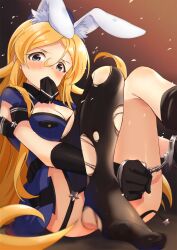 Rule 34 | 1girl, animal ears, black gloves, black necktie, blonde hair, blue dress, blue eyes, blurry, blush, breasts, cleavage, clenched hand, cuffs, depth of field, dot nose, dress, elbow gloves, fake animal ears, feet, garter straps, gloves, goma konbu, gradient background, handcuffs, highres, idolmaster, idolmaster million live!, idolmaster million live! theater days, knees up, large breasts, long hair, looking at viewer, mouth hold, necktie, necktie in mouth, rabbit ears, shinomiya karen, short sleeves, simple background, sitting, solo, thighhighs, torn clothes, torn thighhighs