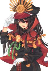 Rule 34 | &gt;:d, 1girl, :d, black hair, chain, cloak, crest, family crest, fang, fate (series), gloves, hand on headwear, hat, highres, katana, koha-ace, long hair, long sleeves, looking at viewer, military, military hat, military uniform, moonlaw, oda nobunaga (fate), oda nobunaga (koha-ace), open mouth, planted, planted sword, planted weapon, red eyes, simple background, smile, solo, sword, uniform, upper body, v-shaped eyebrows, weapon, white background, white gloves