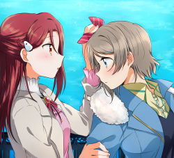 Rule 34 | 2girls, blue background, blue coat, blue eyes, blush, bow, braid, coat, collared shirt, couple, dress shirt, french braid, grey coat, grey hair, hair bow, hair ornament, hairclip, highres, long hair, long sleeves, love live!, love live! sunshine!!, multiple girls, open clothes, open coat, open mouth, outdoors, parted lips, pink shirt, ponytail, red bow, red hair, sakurauchi riko, shirt, short hair, striped, striped bow, watanabe you, wing collar, yellow eyes, yellow shirt, yuchi (salmon-1000), yuri