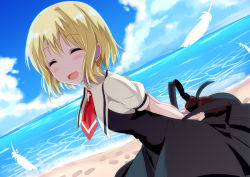 Rule 34 | 00s, 1girl, :d, ^ ^, air (visual novel), alternate hair length, alternate hairstyle, arms behind back, ascot, beach, blonde hair, blush, closed eyes, cloud, collared shirt, cross, day, dress, dutch angle, feathers, gotyou, horizon, kamio misuzu, looking at viewer, ocean, open mouth, outdoors, revision, shirt, short hair, sky, smile, solo