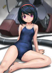 Rule 34 | 1girl, arm support, barefoot, black hair, blue one-piece swimsuit, blurry, blurry background, cable, collarbone, commentary request, competition school swimsuit, dot nose, flat chest, frown, hairband, looking at viewer, mecha, one-piece swimsuit, original, purple eyes, red hairband, robot, rohitsuka, school swimsuit, short hair, sitting, solo, split mouth, swimsuit, toes