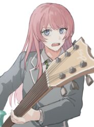 Rule 34 | 1girl, bang dream!, bang dream! it&#039;s mygo!!!!!, blue eyes, chihaya anon, collared shirt, commentary, electric guitar, fang, grey jacket, guitar, haneoka school uniform, hashtag-only commentary, highres, holding, holding guitar, holding instrument, instrument, jacket, long hair, long sleeves, looking at viewer, nininikal, open mouth, pink hair, school uniform, shirt, simple background, solo, upper body, white background, white shirt