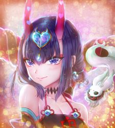Rule 34 | 1girl, animal, bad id, bad pixiv id, black sleeves, blue eyes, blue hair, breasts, choker, cleavage, collarbone, detached sleeves, earrings, eyes visible through eyewear, fate/grand order, fate (series), hair ornament, heart, highres, horns, jewelry, lens flare, looking at viewer, nyamaso, portrait, short hair, shuten douji (fate), shuten douji (fate/grand order), shuten douji (halloween caster) (fate), small breasts, smile, solo, sparkle