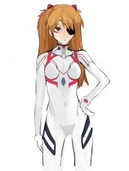 Rule 34 | 1girl, :/, artist request, blue eyes, bodysuit, breasts, brown hair, evangelion: 3.0+1.0 thrice upon a time, expressionless, eyepatch, female focus, hair between eyes, hair ornament, hand on own hip, long hair, neon genesis evangelion, plugsuit, rebuild of evangelion, small breasts, solo, souryuu asuka langley, standing, two side up, white background, white bodysuit