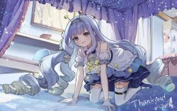 Rule 34 | 1girl, absurdres, all fours, antennae, bed, bedroom, blue eyes, blue footwear, blue hair, canopy bed, commission, commissioner upload, curtains, dress, drill hair, english text, frilled dress, frills, garter straps, gloves, grin, hairband, high heels, highres, inaba 0717, jelly hoshiumi, jewelry, long hair, on bed, pantyhose, phase connect, ribbon, ring, signature, skeb commission, smile, solo, star (symbol), thank you, thighhighs, very long hair, virtual youtuber, white gloves, white thighhighs, yellow ribbon
