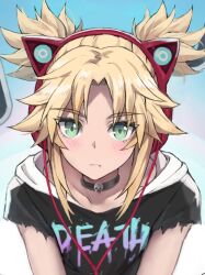 Rule 34 | 1girl, absurdres, alternate costume, alternate hairstyle, animal ear headphones, animal ears, black choker, blonde hair, blush, cat ear headphones, cat ears, choker, collarbone, fake animal ears, fang, fate/grand order, fate (series), gradient background, green background, green eyes, headphones, highres, hood, hood down, looking at viewer, mordred (fate), shirt, solo, tonee, torn clothes, torn shirt, twintails, upper body