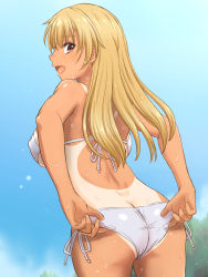 Rule 34 | 1girl, :d, adjusting clothes, adjusting swimsuit, ass, bikini, blonde hair, blue sky, blush, breasts, brown eyes, butt crack, covered erect nipples, cowboy shot, day, eyebrows, from behind, highres, inanaki shiki, large breasts, long hair, looking back, one-piece tan, open mouth, original, outdoors, ribbon, side-tie bikini bottom, sideboob, silver bikini, sky, smile, solo, standing, swimsuit, tan, tanline, water, water drop, wet, white bikini