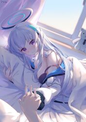 Rule 34 | 1girl, absurdres, aeon ion, blue archive, grey hair, hands up, highres, long hair, looking at viewer, lying, noa (blue archive), purple eyes, smile, solo