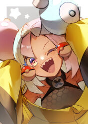 Rule 34 | 1girl, absurdres, bow-shaped hair, character hair ornament, creatures (company), game freak, hair ornament, haru senshuu, highres, iono (pokemon), jacket, long hair, long sleeves, multicolored hair, nintendo, oversized clothes, pink eyes, pink hair, pokemon, pokemon sv, sharp teeth, sleeves past fingers, sleeves past wrists, solo, star (symbol), star in eye, symbol in eye, teeth, two-tone hair, very long hair, very long sleeves, x, yellow jacket