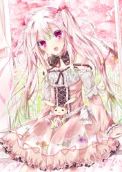 Rule 34 | 1girl, bad id, bad pixiv id, bow, cherry blossoms, colored eyelashes, dress, eyeshadow, fang, fence, flower (symbol), gradient hair, hair ribbon, looking at viewer, makeup, multicolored hair, open mouth, original, pink eyes, pink hair, rabbit, ribbon, short twintails, smile, solo, tetsu tissue, twintails