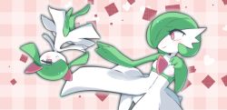 Rule 34 | 2girls, :&gt;, arm up, blush, bright pupils, chocolate, closed mouth, colored skin, creatures (company), eye contact, female focus, flat chest, full body, game freak, gardevoir, gen 3 pokemon, green hair, green skin, hair over one eye, half-closed eyes, hand up, happy, heart, kirlia, looking at another, m3 (gardevoir m3), multicolored skin, multiple girls, nintendo, one eye covered, plaid, plaid background, pokemon, pokemon (creature), reaching, red eyes, rotational symmetry, short hair, smile, split mouth, textless version, two-tone skin, upside-down, white pupils, white skin