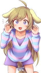 Rule 34 | 1girl, ahoge, animal ears, blue shirt, brown hair, commentary, commission, english commentary, long hair, long sleeves, looking at viewer, pink shirt, pochiko (pop&#039;n music), pop&#039;n music, purple eyes, shirt, simple background, solo, striped clothes, striped shirt, white background, wool (miwol)
