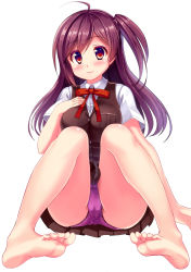 Rule 34 | 10s, 1girl, ahoge, barefoot, feet, foot focus, foreshortening, gloves, hagikaze (kancolle), highres, kantai collection, long hair, neck ribbon, panties, purple hair, purple panties, red ribbon, ribbon, sakuranoyukke, side ponytail, simple background, sitting, skirt, smile, soles, solo, toes, underwear, vest