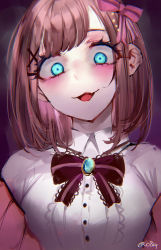 Rule 34 | 1girl, absurdres, blue eyes, blush, bow, bowtie, breasts, brown hair, collared shirt, commentary request, crazy eyes, eyes visible through hair, hair bow, hair ornament, highres, large breasts, looking at viewer, mile (off8mile), nijisanji, open mouth, pink bow, portrait, red bow, red bowtie, shirt, short hair, solo, suzuhara lulu, suzuhara lulu (1st costume), twitter username, virtual youtuber, white shirt, x hair ornament