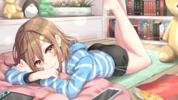 Rule 34 | 1girl, blanket, blue hoodie, book, bookshelf, brown eyes, brown hair, cellphone, chips (food), closed mouth, flower, food, hair ornament, hairclip, highres, hood, hoodie, indoors, iphone, legs up, looking at viewer, lying, nintendo switch, on stomach, original, phone, plant, potted plant, short shorts, shorts, smartphone, smile, solo, striped clothes, striped hoodie, stuffed animal, stuffed toy, teddy bear, thighs, wasami (a27678193a), wooden floor