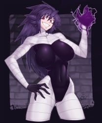 Rule 34 | 1girl, bandages, breasts, claws, covered erect nipples, covered navel, cowboy shot, creatures (company), game freak, gen 1 pokemon, gengar, grin, hand on own hip, highres, large breasts, long hair, navel, nintendo, personification, pokemon, purple hair, red eyes, smile, solo, spacezin, standing