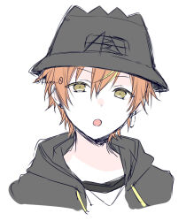 Rule 34 | 1boy, :o, black hat, black jacket, blonde hair, brown eyes, commentary, cropped torso, drawstring, earrings, hat, hood, hood down, hooded jacket, jacket, jewelry, kuroi (liar-player), looking at viewer, male focus, multicolored hair, open mouth, orange hair, project sekai, shinonome akito, shirt, simple background, solo, streaked hair, twitter username, upper body, white background, white shirt