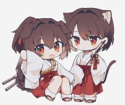 Rule 34 | 2girls, alternate costume, animal ear fluff, animal ears, arrow (projectile), brown hair, cat ears, cat girl, cat tail, chibi, closed mouth, commentary, dog ears, dog girl, dog tags, fang, grey background, hakama, hamaya, hyuuga (kancolle), ise (kancolle), japanese clothes, kantai collection, kazeshio, kimono, looking at viewer, miko, multiple girls, open mouth, ponytail, red eyes, red hakama, short hair, simple background, skin fang, symbol-only commentary, tail, turret, white kimono, wide sleeves