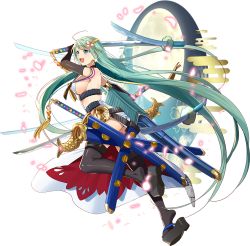 Rule 34 | 1girl, :d, absurdly long hair, ahoge, ass, black gloves, black thighhighs, blue eyes, blush, breasts, cleavage, earrings, elbow gloves, full body, gloves, green hair, heart, heart earrings, holding, holding sword, holding weapon, jewelry, large breasts, long hair, looking at viewer, murakami yuichi, official art, open mouth, oshiro project:re, oshiro project:re, platform clogs, platform footwear, sheath, sheathed, smile, solo, sword, thighhighs, tokugawa osaka (oshiro project), transparent background, v-shaped eyebrows, very long hair, weapon