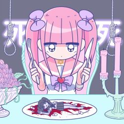 Rule 34 | 1girl, bandaged arm, bandages, blood, blood on plate, blunt bangs, bow, candle, chair, closed mouth, death, expressionless, ezaki bisuko, flower, fork, hexagram, holding, holding fork, holding knife, jewelry, knife, looking at another, menhera-chan (ezaki bisuko), menhera-chan (ezaki bisuko) (character), necklace, noose, pill, pink hair, pink sailor collar, plate, purple bow, sailor collar, self-harm scar, short twintails, sidelocks, sitting, solo, star of david, text background, twintails, utensil