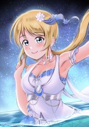 Rule 34 | 1girl, alternate hairstyle, arm ribbon, artist name, artist request, ayase eli, bare shoulders, blonde hair, blue eyes, blue ribbon, blue sky, blush, bow, bracelet, breasts, cleavage, close-up, cloud, collarbone, crescent, crescent earrings, crescent moon symbol, dress, earrings, female focus, floating hair, flower, hair between eyes, hair flower, hair ornament, hair ribbon, highres, holding, holding own hair, jewelry, long hair, looking at viewer, love live!, love live! school idol festival, love live! school idol festival all stars, love live! school idol project, low ponytail, medium breasts, miniskirt, night, night sky, ocean, outdoors, parted lips, plaid, plaid dress, plaid skirt, playing with own hair, pleated, pleated dress, pleated skirt, ponyagii, ponytail, ribbon, short hair, skirt, sky, smile, solo, star (sky), star (symbol), star earrings, venus on a moonlit night (love live!), white bow, white dress, white flower, white skirt