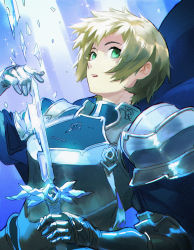 Rule 34 | 1girl, absurdres, armor, blonde hair, breastplate, commentary request, eugeo, green eyes, highres, holding, holding sword, holding weapon, knight, letro, parted lips, shattered, short hair, shoulder armor, solo, sword, sword art online, upper body, very short hair, weapon