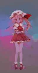 Rule 34 | 1girl, absurdres, ankle socks, blonde hair, blue background, bow, closed mouth, crossed arms, expressionless, eyes visible through hair, flandre scarlet, frilled cuffs, frilled sleeves, frills, full body, gradient background, grey background, hat, hat ribbon, head tilt, highres, impressionism, knees together feet apart, long hair, looking at viewer, mary janes, mob cap, multicolored background, no lineart, petticoat, pink background, puffy short sleeves, puffy sleeves, red bow, red eyes, red footwear, red ribbon, reddizen, ribbon, ribbon trim, shoes, short sleeves, side ponytail, socks, solo, standing, touhou, tsurime, white hat, wings, wrist cuffs