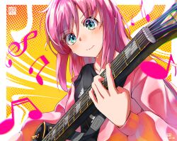 Rule 34 | 1girl, absurdres, artist logo, black shirt, blue eyes, blush, bocchi the rock!, border, closed mouth, commentary, electric guitar, english commentary, eruhanami, gibson les paul, gotoh hitori, guitar, hair between eyes, hand up, highres, holding, holding instrument, instrument, jacket, long hair, long sleeves, music, musical note, open clothes, open jacket, outside border, pink hair, pink jacket, playing instrument, puffy long sleeves, puffy sleeves, shirt, sidelocks, solo, sweat, t-shirt, track jacket, upper body, white border