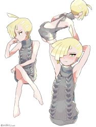 Rule 34 | 1boy, aran sweater, armpits, ass, backless dress, backless outfit, bad id, bad pixiv id, bare back, blonde hair, blush, cable knit, creatures (company), crossdressing, crossed legs, dress, game freak, gladion (pokemon), green eyes, grey sweater, hair over one eye, koutetsu (fe steel stone), male focus, meme attire, multiple views, naked sweater, nintendo, no male underwear, pokemon, pokemon sm, ribbed sweater, short hair, sweater, sweater dress, turtleneck, turtleneck sweater, virgin killer sweater