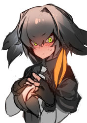 Rule 34 | 10s, 1girl, bird wings, black gloves, black hair, blush, bodystocking, breasts, cleavage, closed mouth, eyelashes, feathers, fingerless gloves, fingers together, flustered, gloves, green eyes, grey necktie, hair between eyes, head wings, index fingers together, kemono friends, light frown, long hair, looking away, looking down, looking to the side, low ponytail, medium breasts, necktie, olys, orange hair, shoebill (kemono friends), short sleeves, side ponytail, silver hair, silver necktie, simple background, solo, sweat, tsurime, v-neck, white background, wings