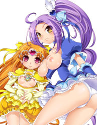 Rule 34 | 10s, 2girls, alternate breast size, ass, bad id, bad pixiv id, bow, breastless clothes, breasts, breasts out, brooch, bubble skirt, choker, circlet, cure beat, cure muse, cure muse (yellow), earrings, frills, frown, hair ornament, hair ribbon, heart, heart hair ornament, jewelry, katsuma rei, kurokawa eren, long hair, magical girl, medium breasts, multiple girls, nipples, orange hair, panties, parted bangs, pink eyes, precure, purple hair, ribbon, seiren (suite precure), shiny skin, shirabe ako, side ponytail, skirt, small breasts, smile, suite precure, underwear, white background, white panties, yellow bow, yellow eyes