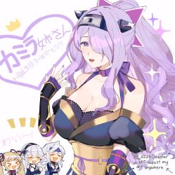 Rule 34 | &gt; &lt;, 1boy, 3girls, absurdres, alternate hairstyle, bare shoulders, blonde hair, breasts, camilla (fire emblem), chibi, choker, cleavage, corrin (female) (fire emblem), corrin (fire emblem), corrin (male) (fire emblem), covering own mouth, drill hair, elise (fire emblem), fingerless gloves, fire emblem, fire emblem fates, fire emblem heroes, fishnet top, fishnets, gloves, hair tie, hairband, hand over own mouth, highres, large breasts, long hair, looking at viewer, multiple girls, nail polish, ninja, nintendo, official alternate costume, open hand, open mouth, pomme (lazzledazzle), ponytail, purple choker, purple eyes, purple gloves, purple hair, purple nails, purple ribbon, purple rope, ribbon, ribbon choker, rope, shimenawa, shuriken hair ornament, sidelocks, stole, twin drills, twintails, upper body, white hair