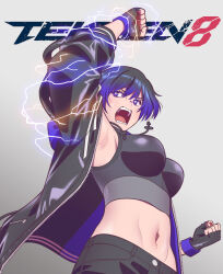 Rule 34 | 1girl, andrian januar adilia, arm up, armpits, black hair, black jacket, black shorts, black sports bra, breasts, clenched hands, electricity, fingerless gloves, gloves, gradient hair, highres, jacket, large breasts, long sleeves, midriff, multicolored hair, navel, open clothes, open jacket, open mouth, purple eyes, purple hair, reina (tekken), short hair, shorts, sports bra, tekken, tekken 8, upper body