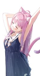 Rule 34 | 1girl, absurdres, animal ear fluff, animal ears, arm up, blue dress, bow, bowtie, cat ears, cat girl, cat tail, closed eyes, dress, gradient hair, hair down, highres, himemori luna, himemori luna (sundress), hololive, long hair, multicolored hair, official alternate costume, pink hair, pinkusan, purple hair, sailor collar, sailor dress, simple background, sleeveless, solo, stretching, tail, virtual youtuber, white background, white bow, white bowtie, white sailor collar