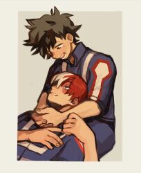 Rule 34 | 2boys, blue jacket, blue pants, boku no hero academia, border, burn scar, commentary, commission, english commentary, fenkko, freckles, green hair, grey background, gym uniform, highres, jacket, lap pillow, looking at another, male focus, midoriya izuku, multicolored hair, multiple boys, open mouth, pants, red hair, scar, scar on face, short hair, simple background, sitting, smile, split-color hair, todoroki shouto, two-tone hair, u.a. gym uniform, white border, white hair, yaoi