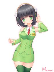 Rule 34 | 1girl, :d, arm up, armpit peek, artist name, bare shoulders, black hair, blush, breasts, buttons, collared shirt, commentary request, cowboy shot, detached sleeves, formal, green eyes, green jacket, green skirt, hair intakes, head tilt, headphones, jacket, kyomachi seika, looking at viewer, maron (1212ama), medium breasts, necktie, open mouth, pencil skirt, red necktie, shiny skin, shirt, short hair, signature, simple background, skirt, skirt suit, sleeveless, sleeveless shirt, smile, solo, standing, suit, thigh gap, thighhighs, voiceroid, white background, zettai ryouiki