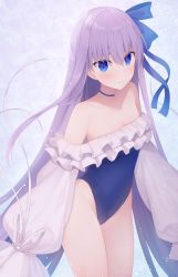 Rule 34 | 1girl, bare shoulders, blue eyes, blue one-piece swimsuit, blue ribbon, blush, choker, closed mouth, collarbone, commentary request, cowboy shot, fate/grand order, fate (series), firepo, floating hair, frills, groin, hair ribbon, highres, long hair, long sleeves, looking at viewer, meltryllis, meltryllis (fate), meltryllis (swimsuit lancer) (fate), meltryllis (swimsuit lancer) (second ascension) (fate), off shoulder, one-piece swimsuit, puffy sleeves, purple hair, ribbon, smile, solo, swimsuit, thighs, v-shaped eyebrows, very long hair