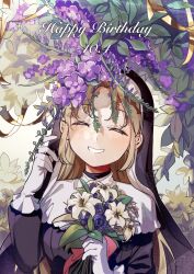 Rule 34 | 1girl, absurdres, black dress, blonde hair, blush, bouquet, breasts, closed eyes, commentary request, dated, dress, flower, gloves, habit, happy birthday, head tilt, highres, holding, holding bouquet, leaf, long hair, long sleeves, medium breasts, nijisanji, nori katsuo, nun, parted bangs, purple flower, ribbon, sister claire, sister claire (1st costume), smile, solo, upper body, virtual youtuber, white flower, white gloves, yellow ribbon
