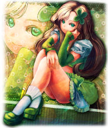 Rule 34 | 1girl, arm warmers, brown hair, head rest, cosplay, cure march, cure march (cosplay), detached sleeves, green eyes, hair ornament, highres, long hair, looking at viewer, mochisoldier, original, precure, shirt, shoes, skirt, smile, smile precure!, socks, solo