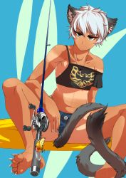 Rule 34 | 1girl, absurdres, animal ears, asymmetrical clothes, barefoot, blue background, cat ears, cat tail, claws, denim, denim shorts, feet, fishing rod, flat chest, frown, highres, jewelry, necklace, original, scar, shirt tan, short shorts, shorts, shorts tan, soles, solo, tail, tan, tank top, tanline, toes, yakibuta (shimapow)