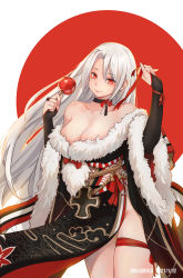 Rule 34 | 1girl, absurdres, azur lane, black choker, black gloves, black kimono, breasts, bridal gauntlets, candy apple, choker, cleavage, dated, elbow gloves, food, fur-trimmed kimono, fur-trimmed sleeves, fur trim, gloves, happy new year, highres, holding, holding food, japanese clothes, kimono, large breasts, long hair, looking at viewer, molamola fan, multicolored clothes, multicolored kimono, new year, off shoulder, official alternate costume, prinz heinrich (azur lane), prinz heinrich (fireworks and tapestries) (azur lane), red eyes, side slit, simple background, solo, thigh strap, very long hair, white hair, wide sleeves